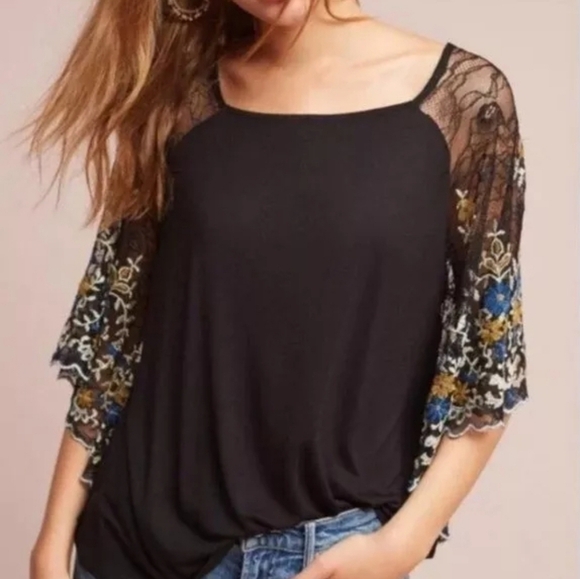Anthropologie Tops - Anthro Akemi & Kin Calista Embroidered Bat Wing Lace Sleeve Top Fairycore Sz S